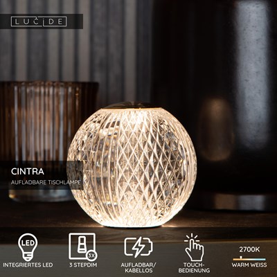 Lucide CINTRA - wiederaufladbare Tischlampe - Akku/Batterie - Ø 11 cm - LED 3 StepDim - 1x2W 2700K - Transparent